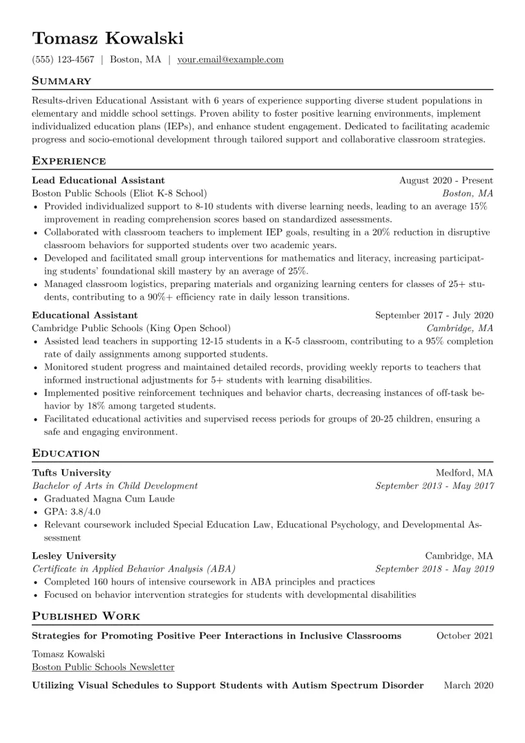 Educational Assistant Resume Example CV template preview