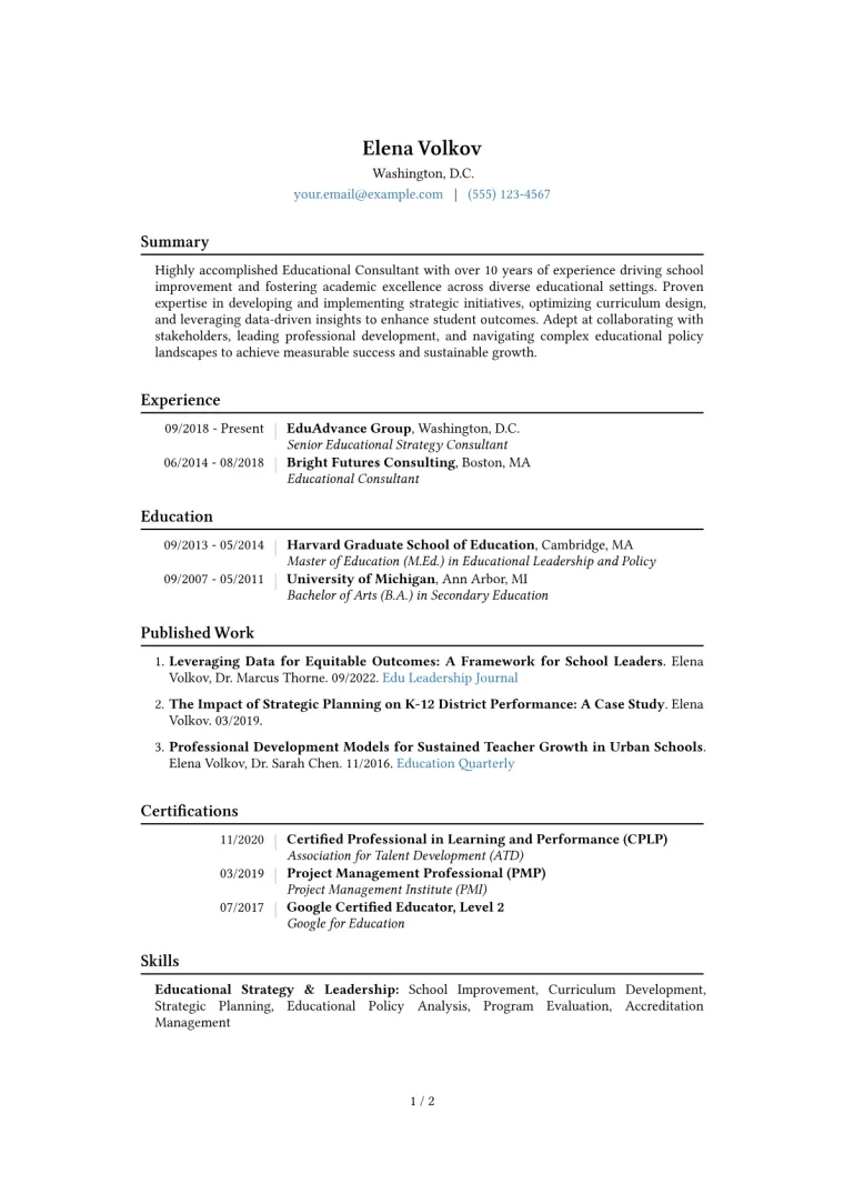 Educational Consultant Resume Example CV template preview