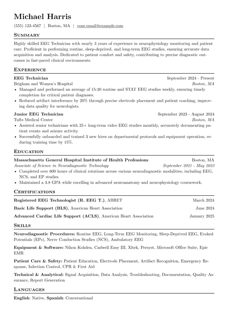 EEG Technician Resume Example CV template preview