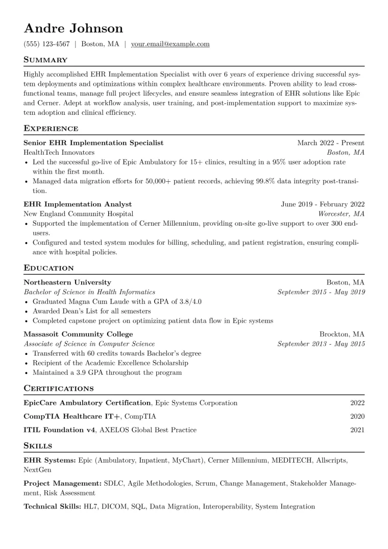 EHR Implementation Specialist Resume Example CV template preview