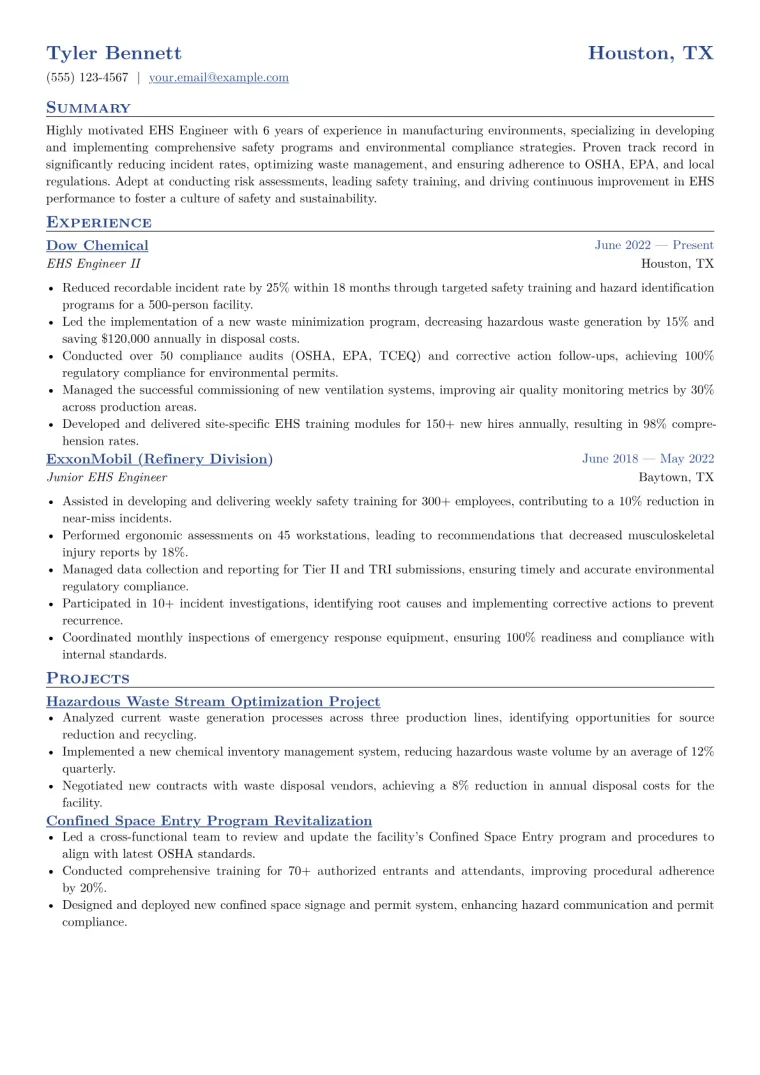 EHS Engineer Resume Example CV template preview
