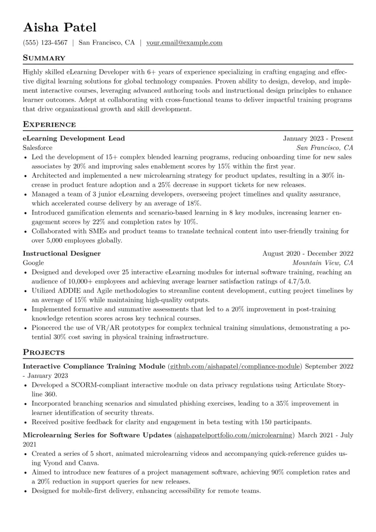 eLearning Developer Resume Example CV template preview