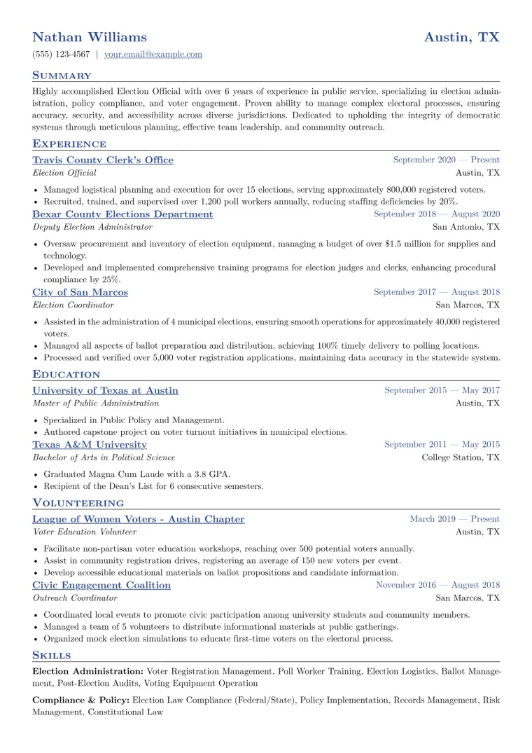 Election Official Resume Example CV template preview