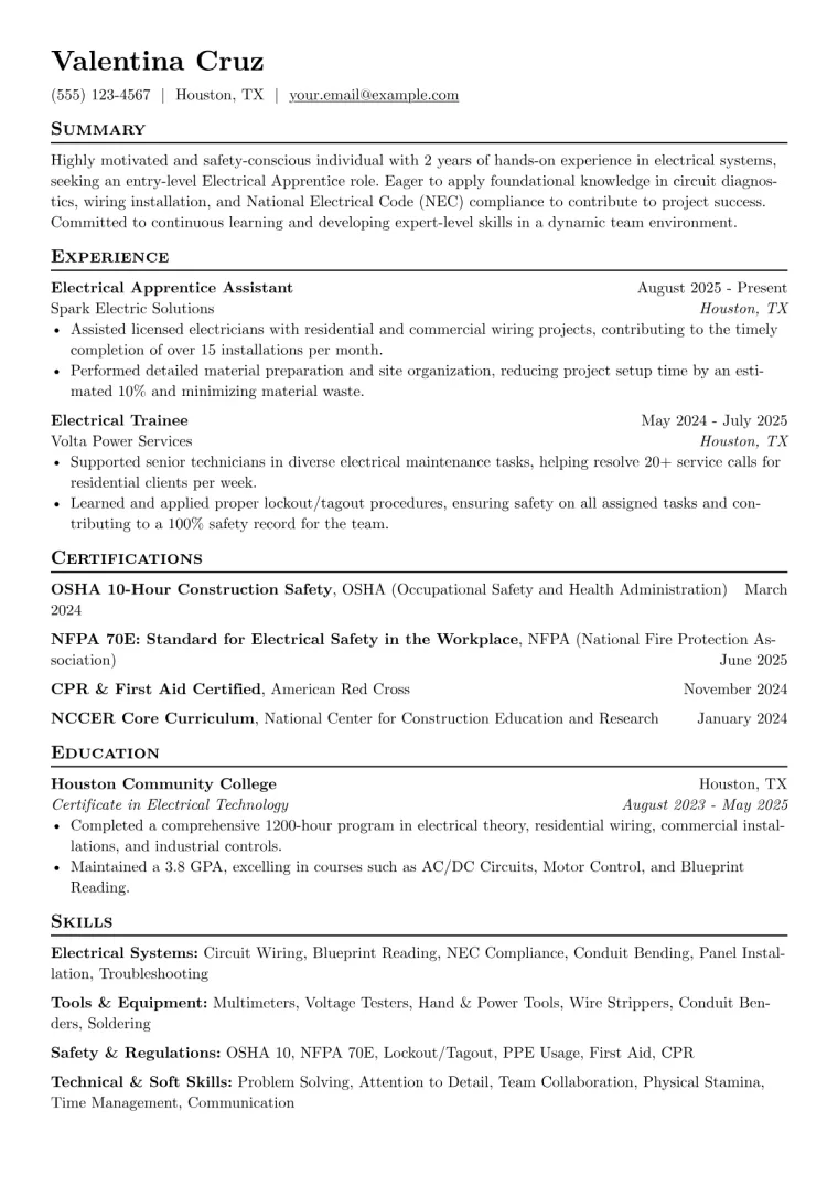 Electrical Apprentice No Experience Resume Example preview