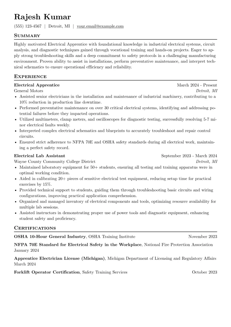 Electrical Apprentice Resume Example CV template preview