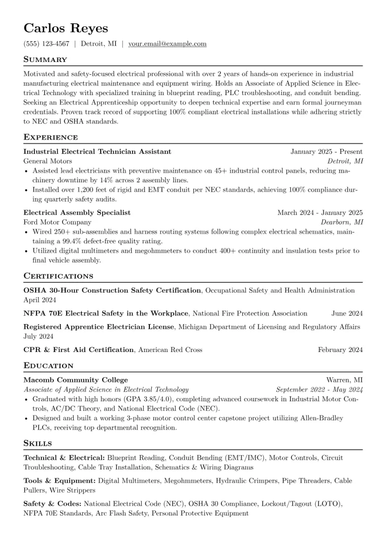 Electrical Apprenticeship Resume Example CV template preview