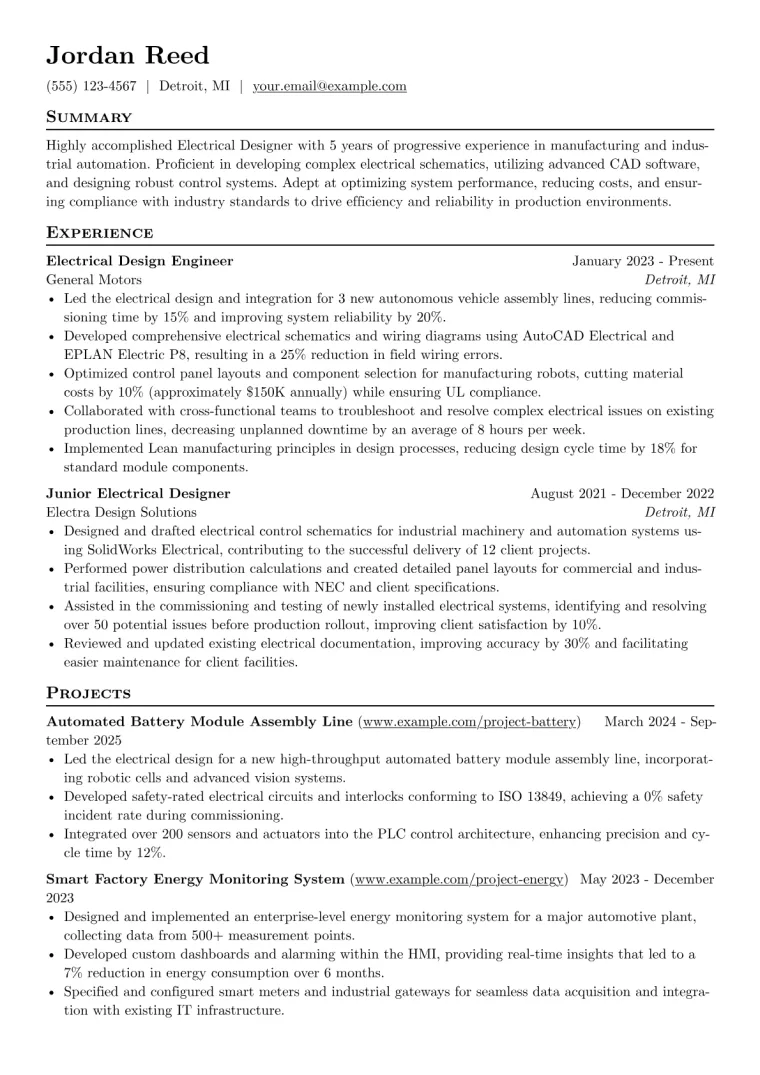 Electrical Designer Resume Example CV template preview