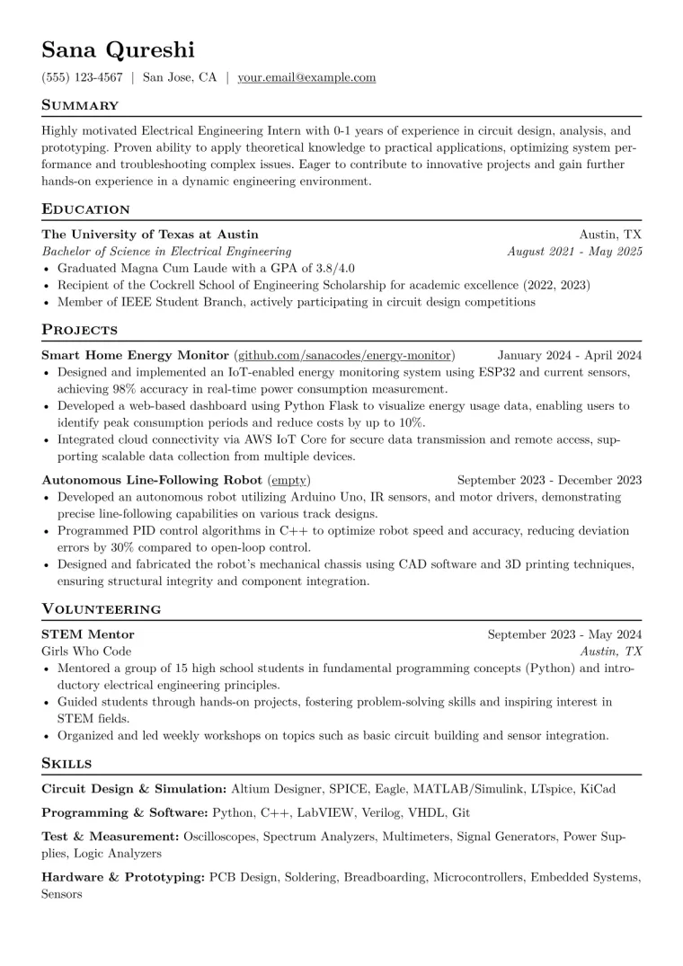 Electrical Engineering Intern Resume Example CV template preview