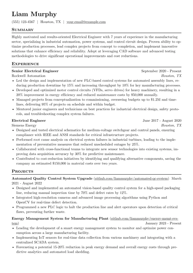 Electrical Engineering Resume Example CV template preview