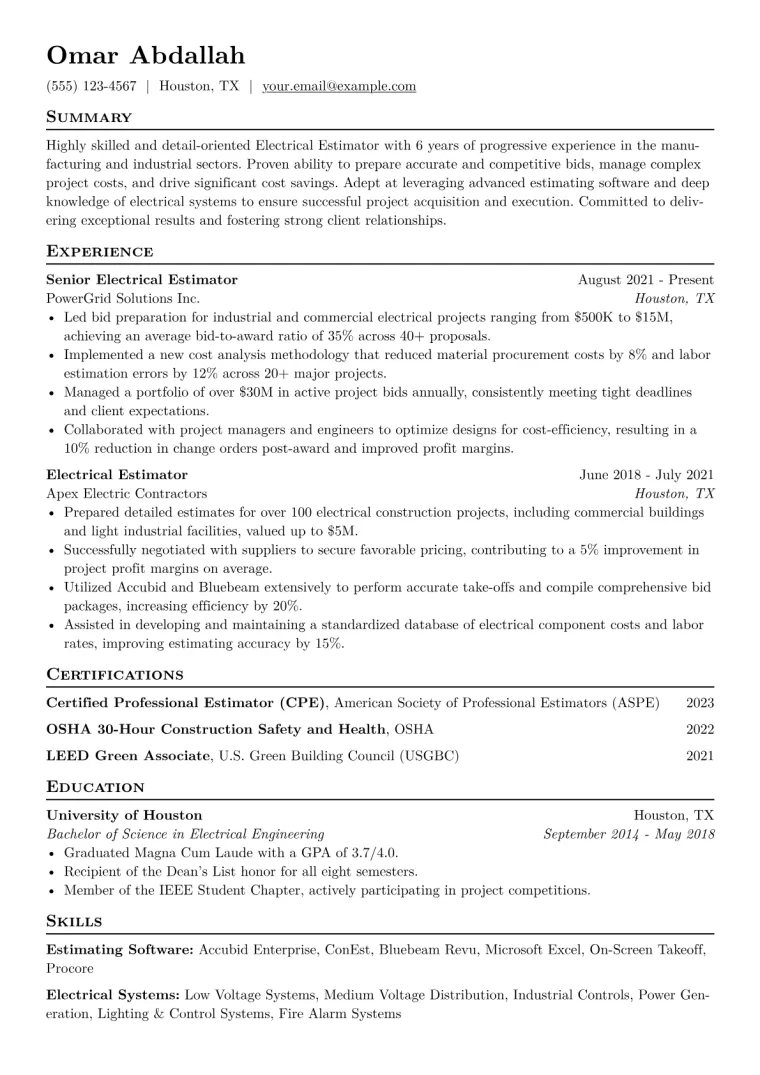 Electrical Estimator Resume Example CV template preview