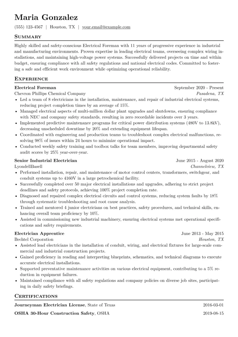 Electrical Foreman Resume Example CV template preview