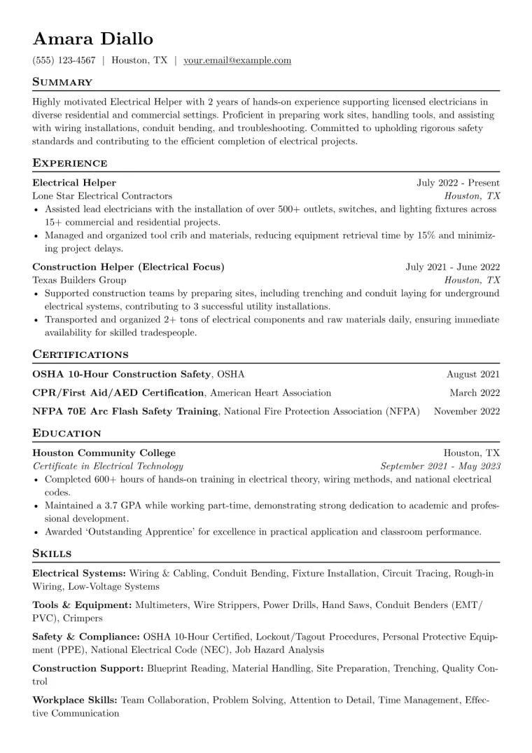 Electrical Helper Resume Example CV template preview