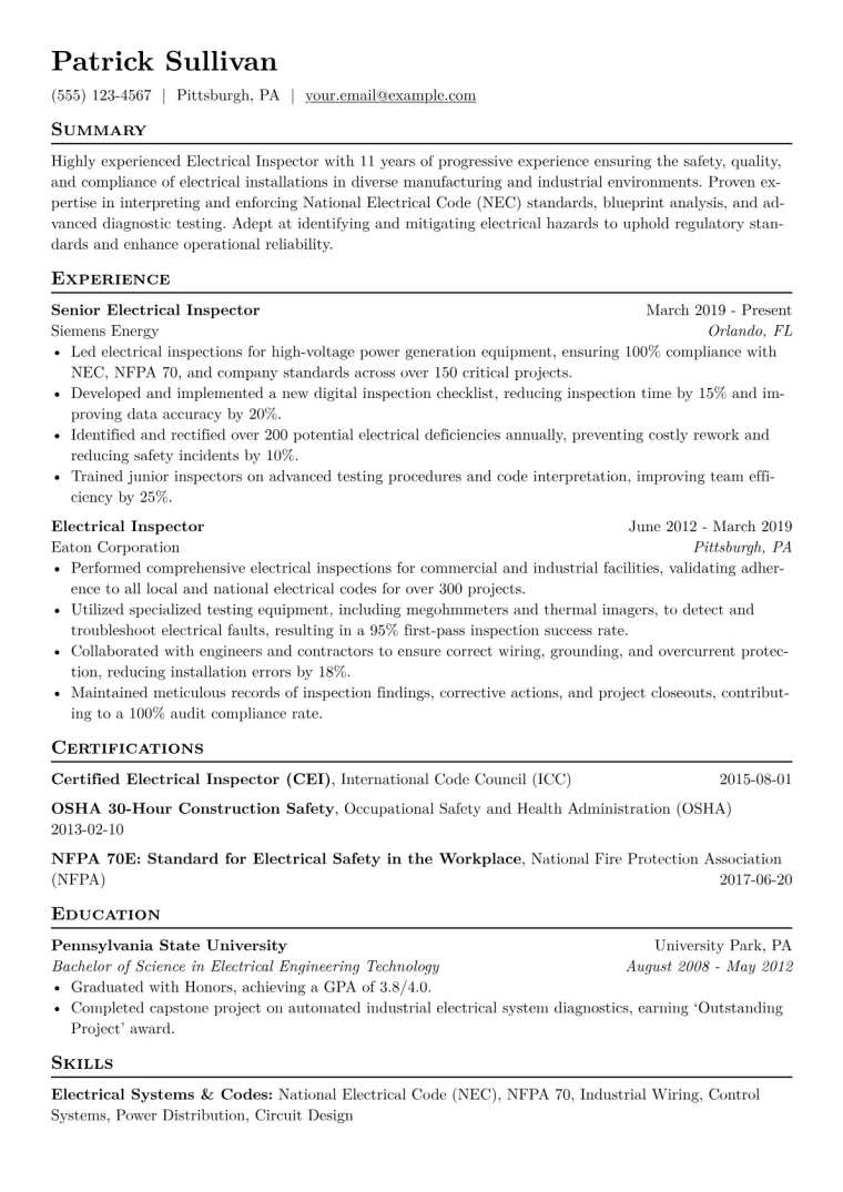 Electrical Inspector Resume Example CV template preview