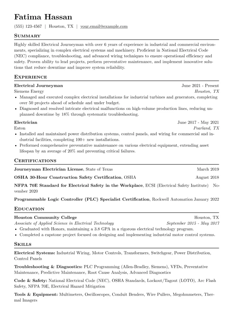 Electrical Journeyman Resume Example CV template preview