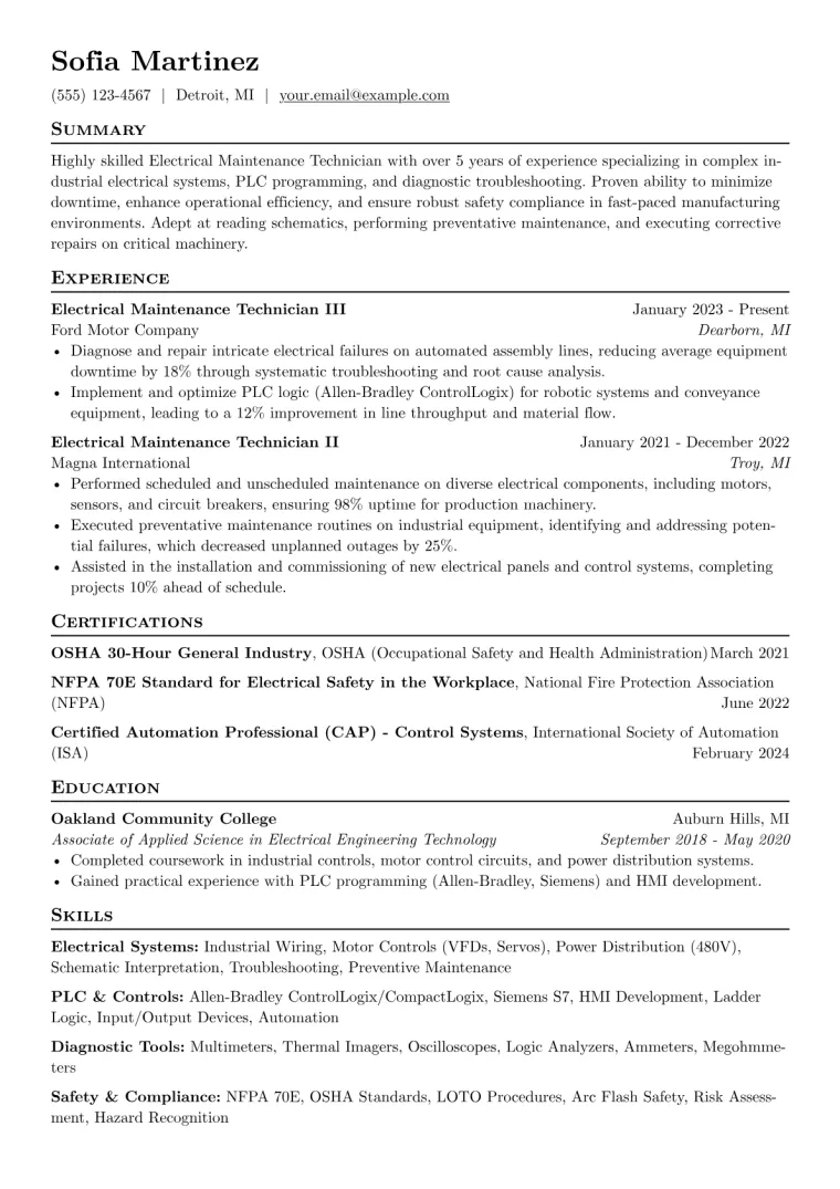 Electrical Maintenance Technician Resume Example preview
