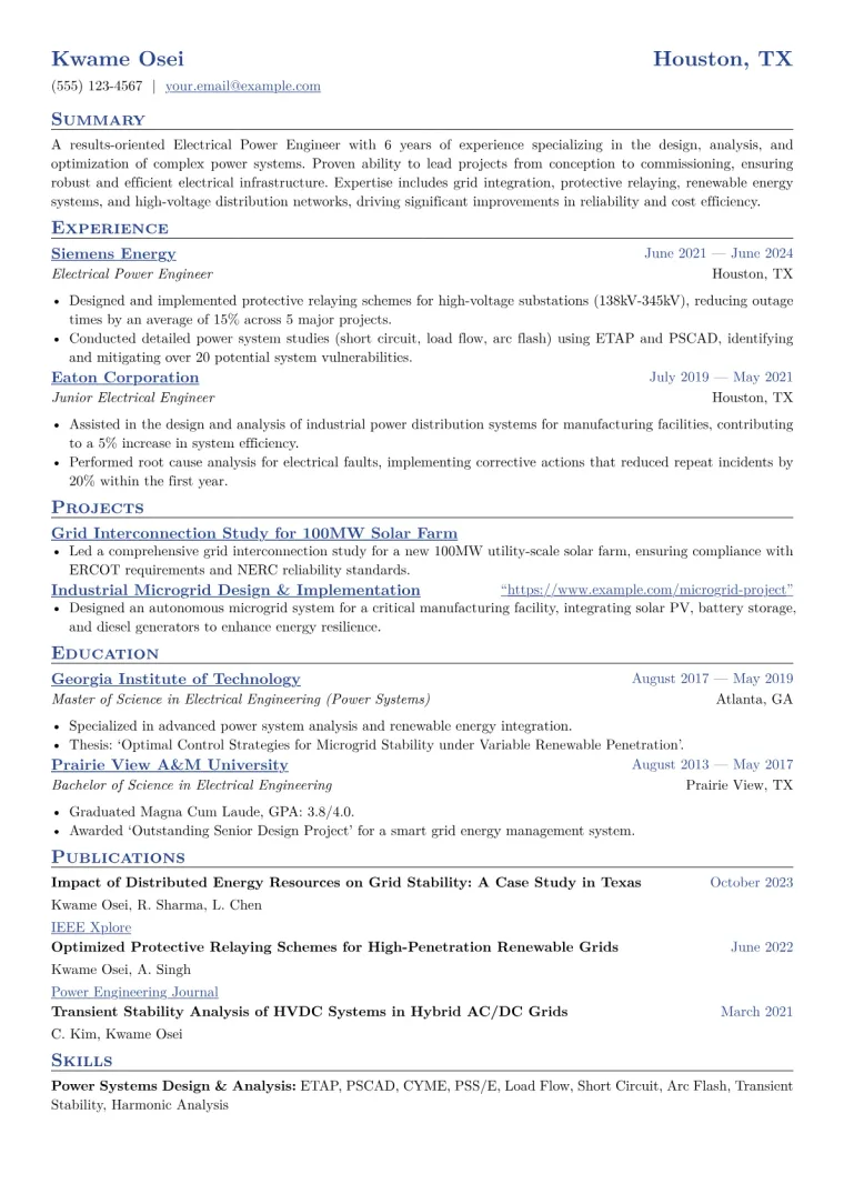 Electrical Power Engineer Resume Example CV template preview