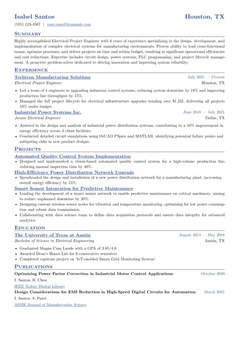 Electrical Project Engineer Resume Example CV template preview