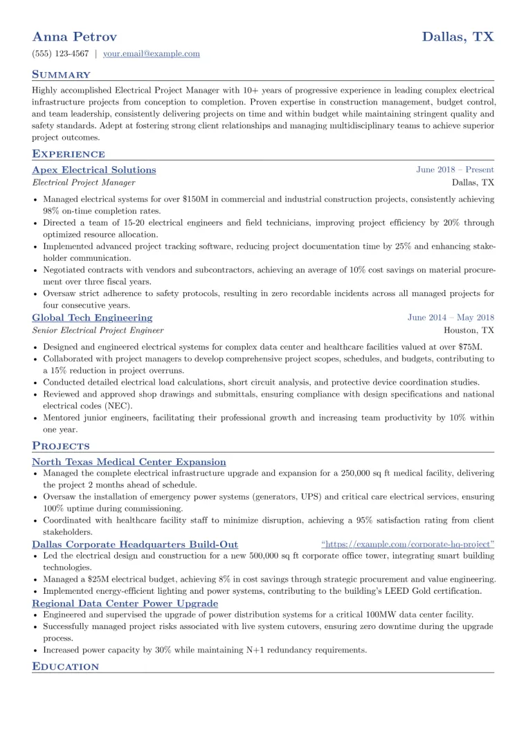 Electrical Project Manager Resume Example CV template preview