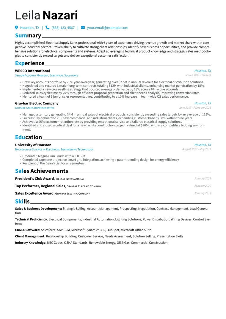 Electrical Supply Sales Resume Example CV template preview
