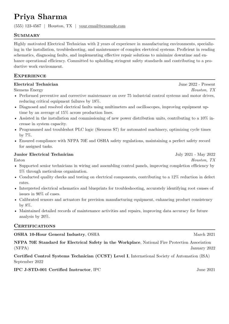 Electrical Technician Resume Example CV template preview