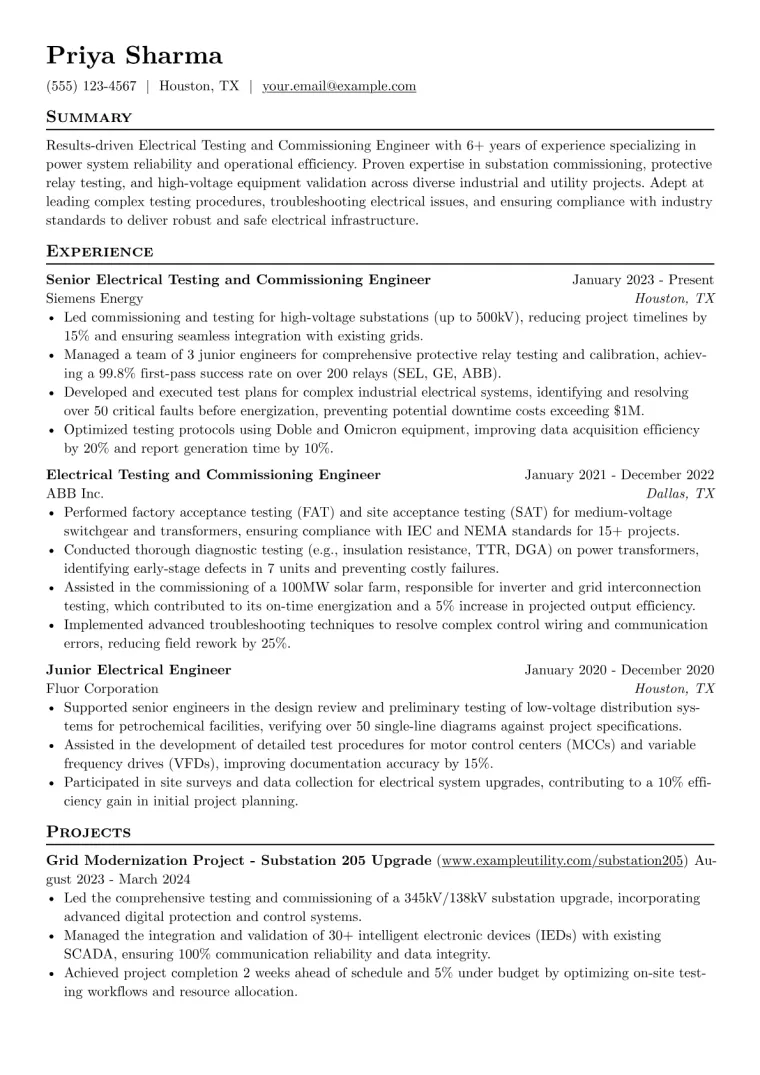 Electrical Testing and Commissioning Engineer Resume Example CV template preview