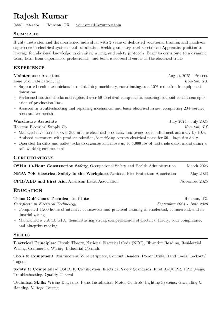 Electrician Apprentice (No Experience) Resume Examples