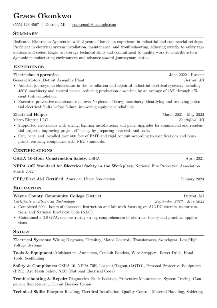 Electrician Apprentice Resume Example CV template preview
