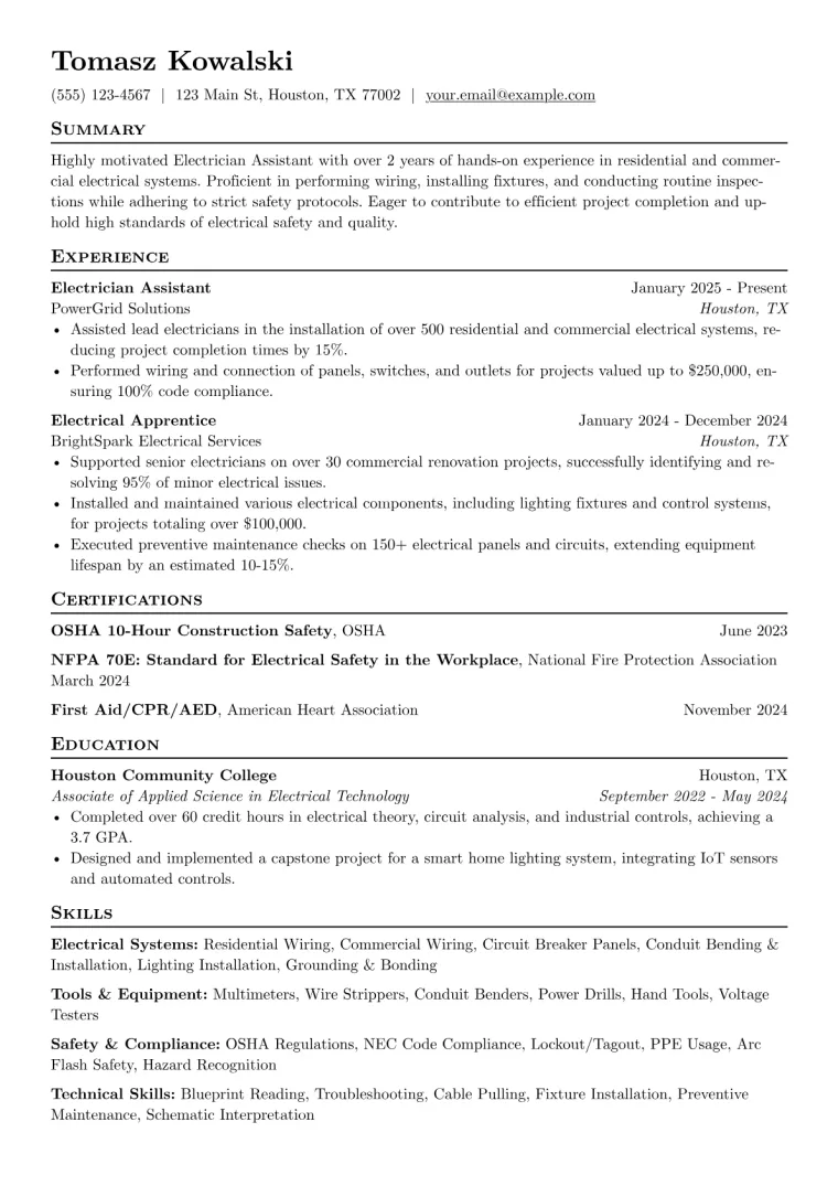 Electrician Assistant Resume Example CV template preview