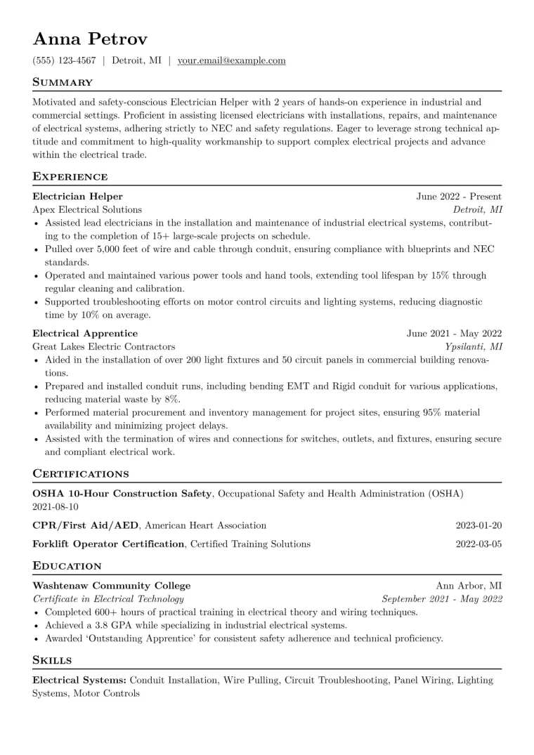 Electrician Helper Resume Example CV template preview