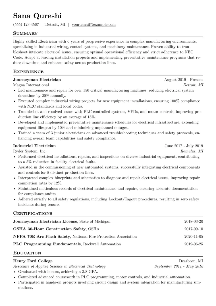 Electrician Resume Example CV template preview