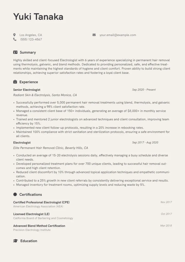 Electrologist Resume Example CV template preview