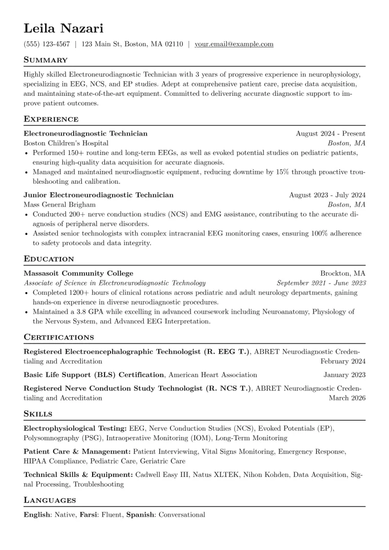 Electroneurodiagnostic Technician Resume Example CV template preview