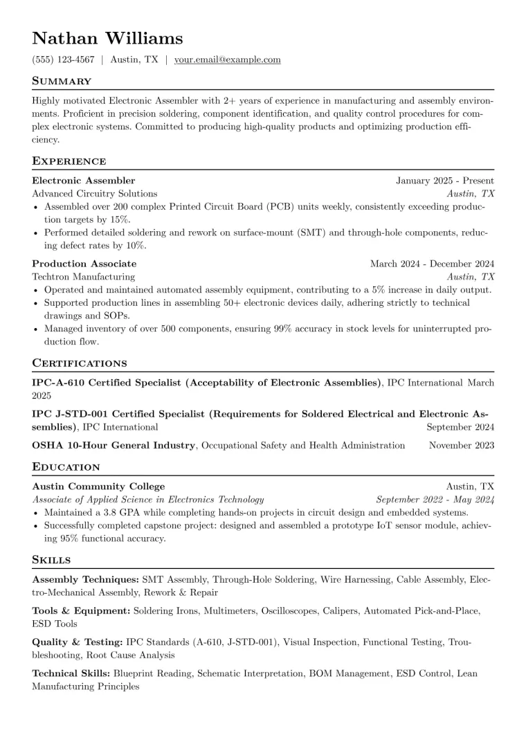 Electronic Assembler Resume Example preview