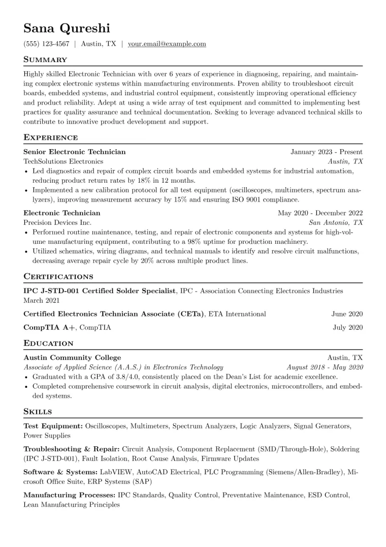 Electronic Technician Resume Example preview