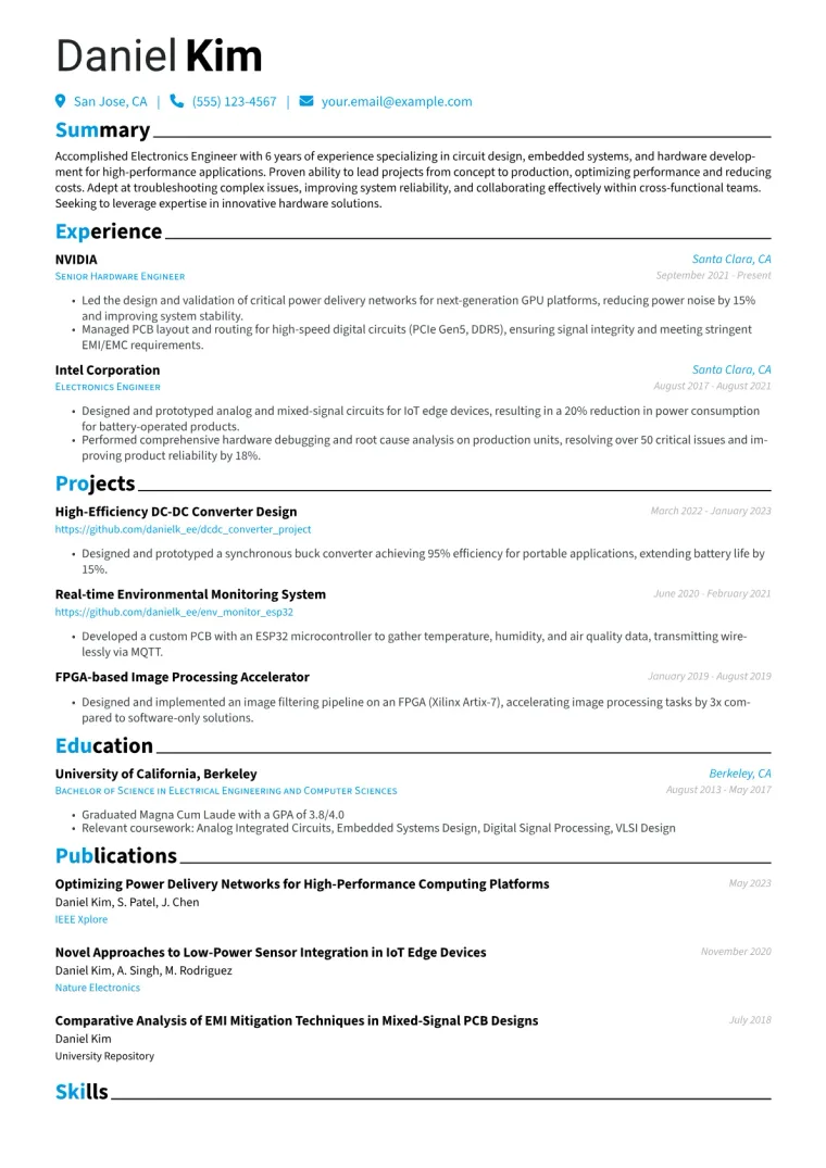 Electronics Engineer Resume Example CV template preview