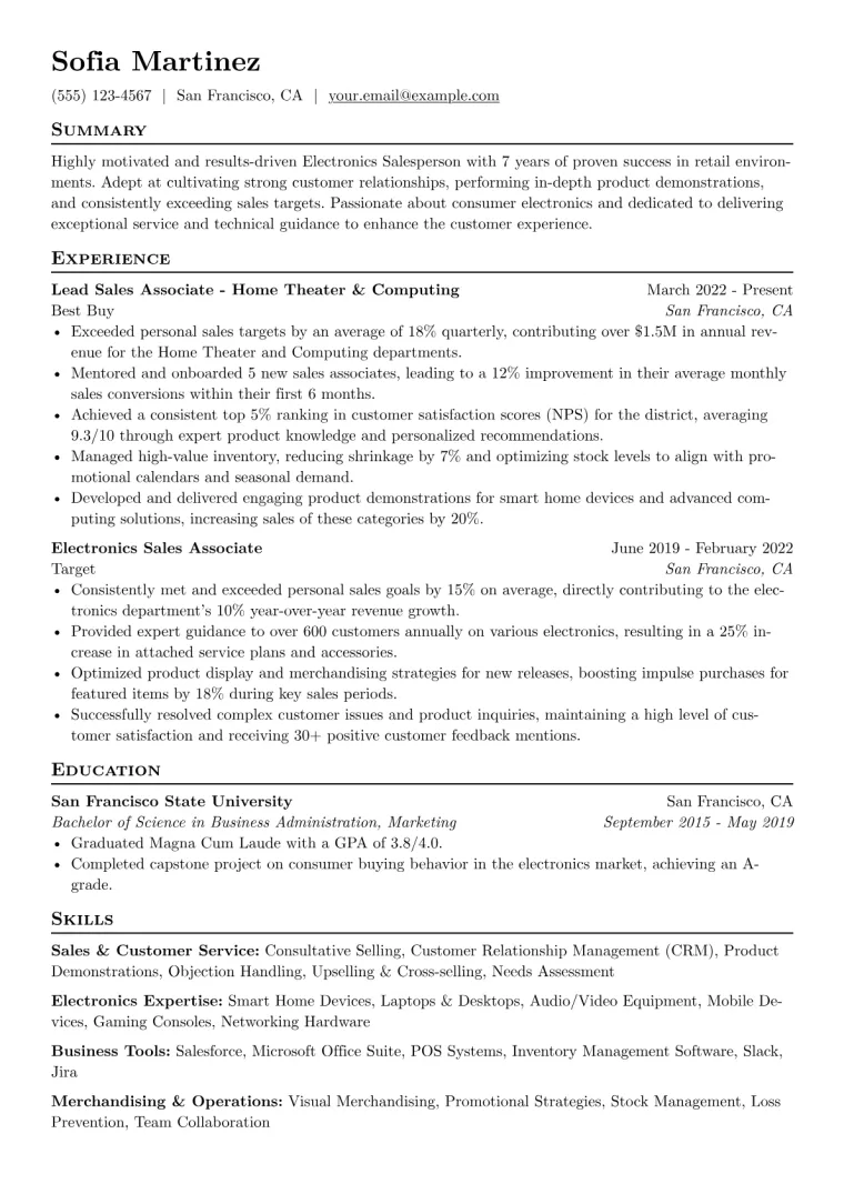 Electronics Salesperson Resume Example CV template preview