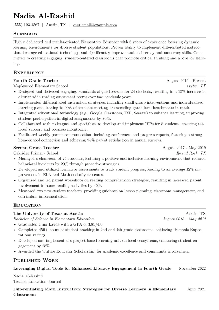 Elementary Education Resume Example CV template preview