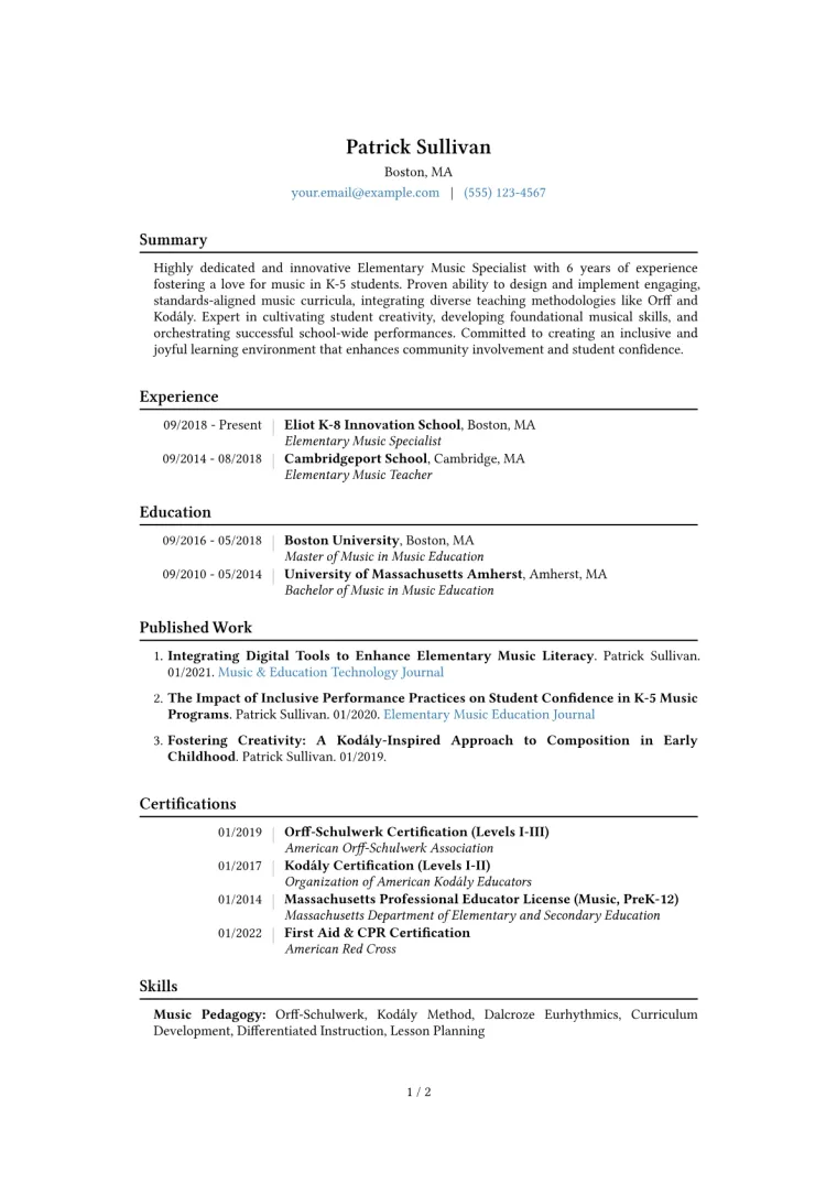 Elementary Music Specialist Resume Example CV template preview