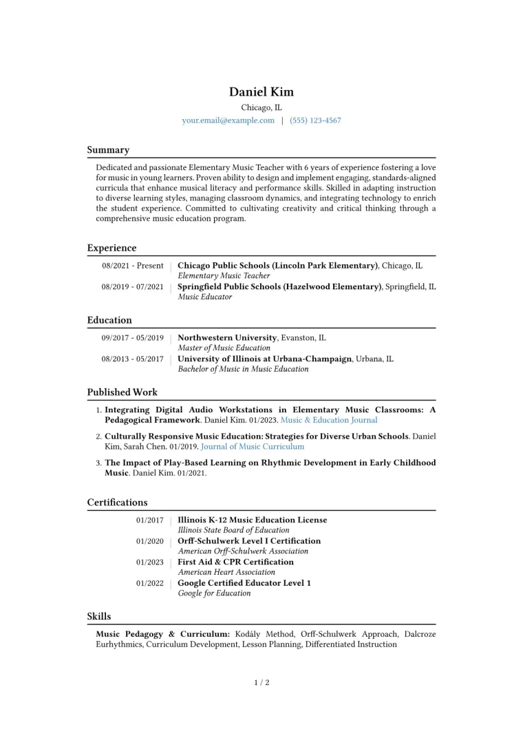 Elementary Music Teacher Resume Example CV template preview