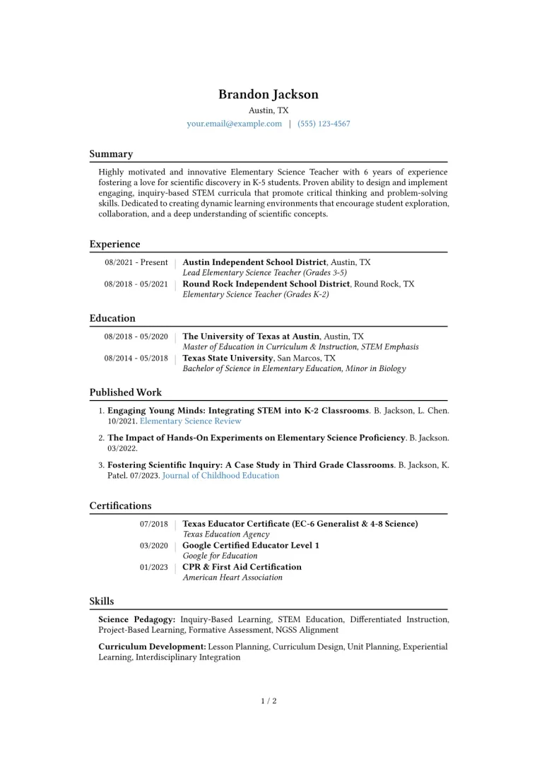 Elementary Science Teacher Resume Example CV template preview