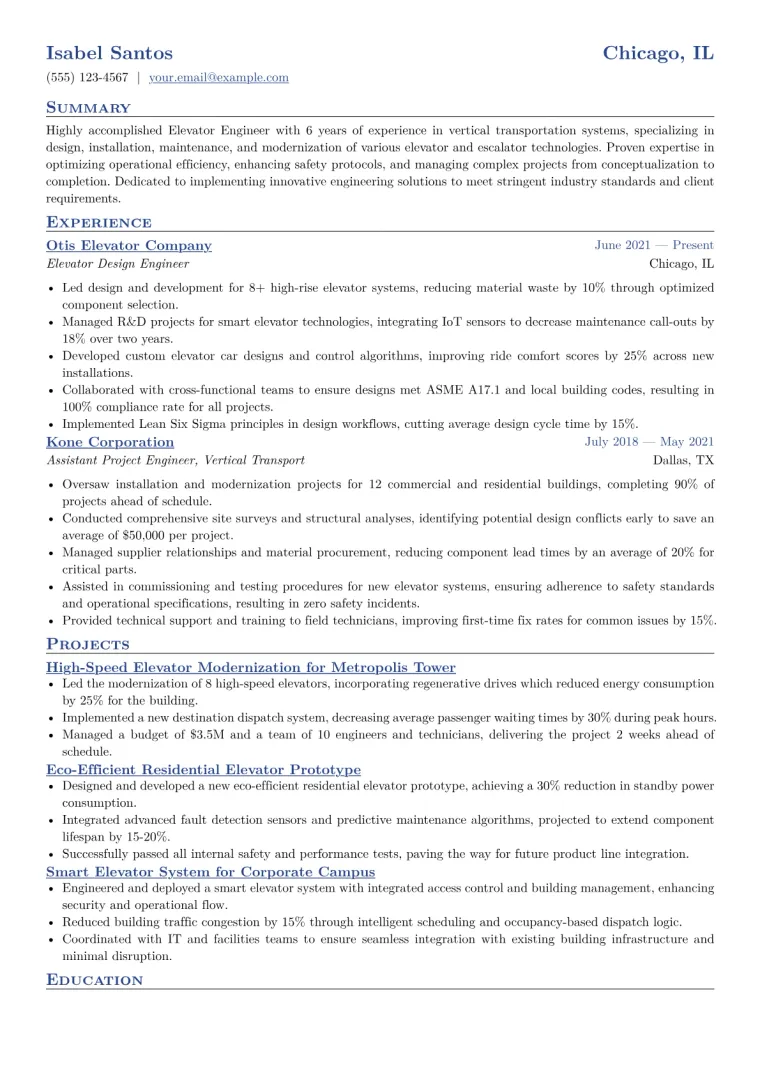Elevator Engineer Resume Example CV template preview