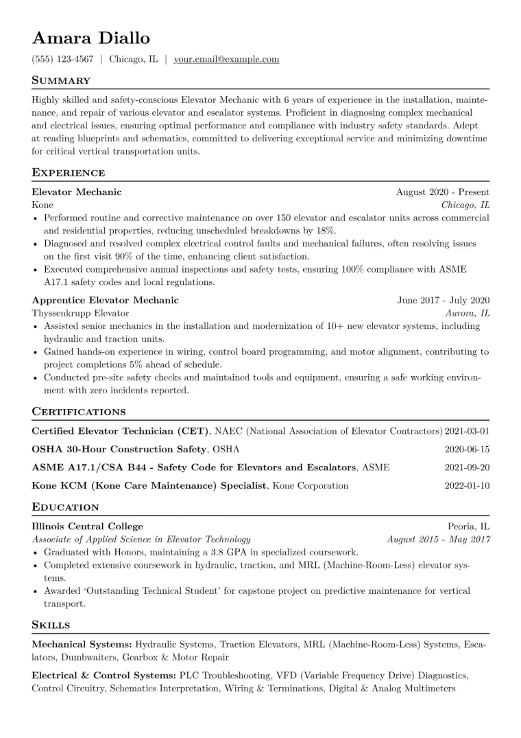 Elevator Mechanic Resume Example CV template preview