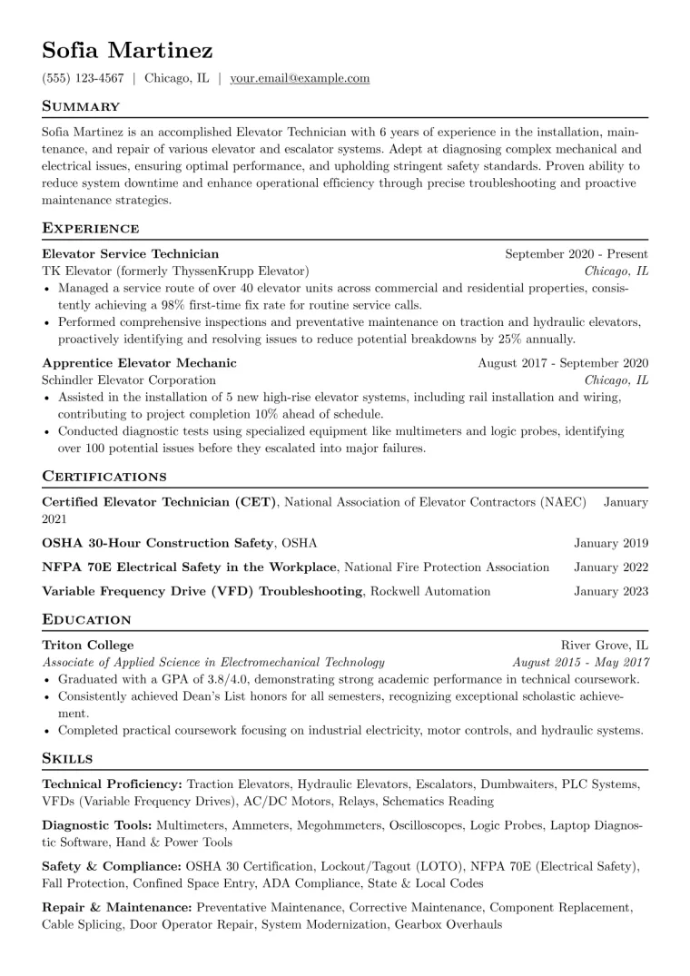 Elevator Technician Resume Example CV template preview