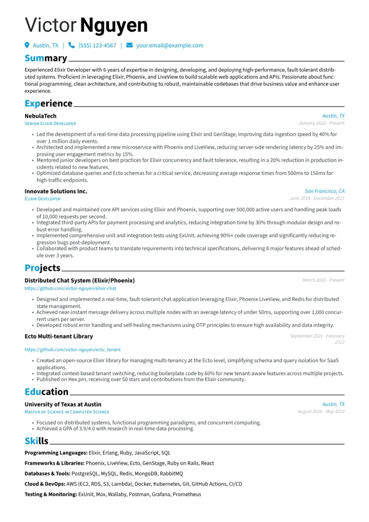Elixir Developer Resume Example CV template preview