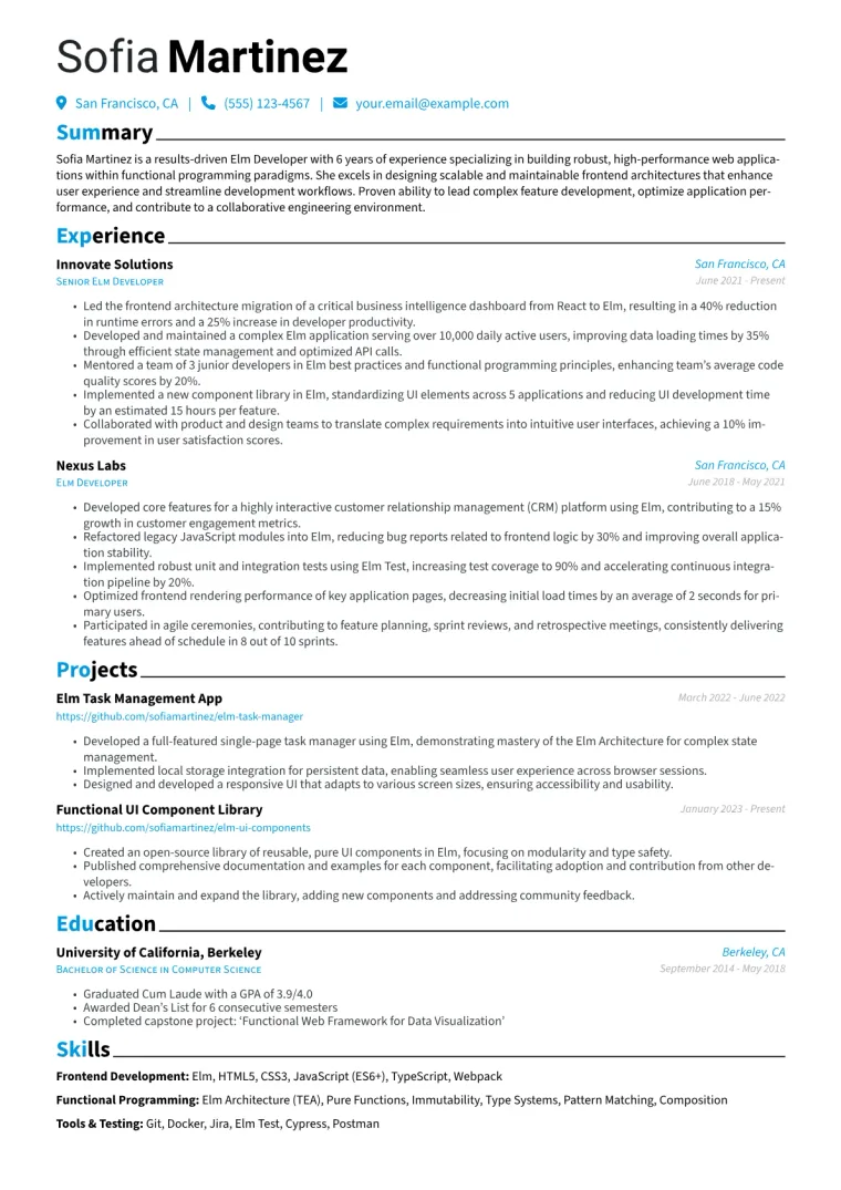 Elm Developer Resume Example CV template preview