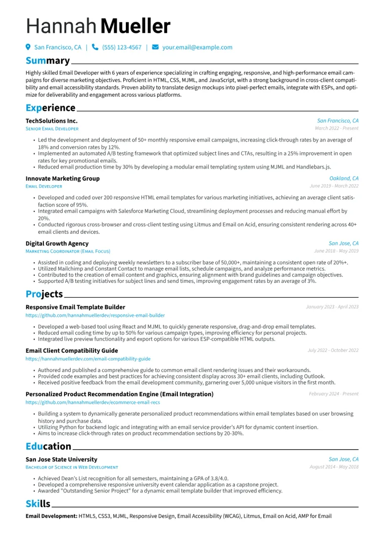 Email Developer Resume Example CV template preview