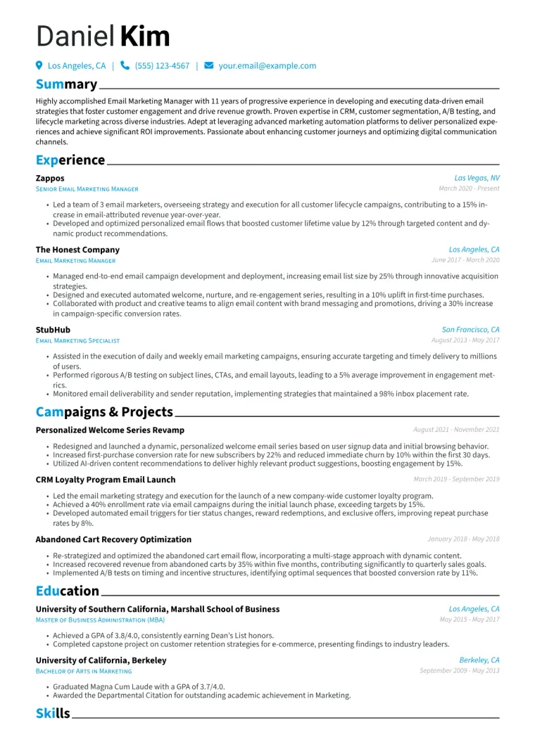 Email Marketing Manager Resume Example CV template preview