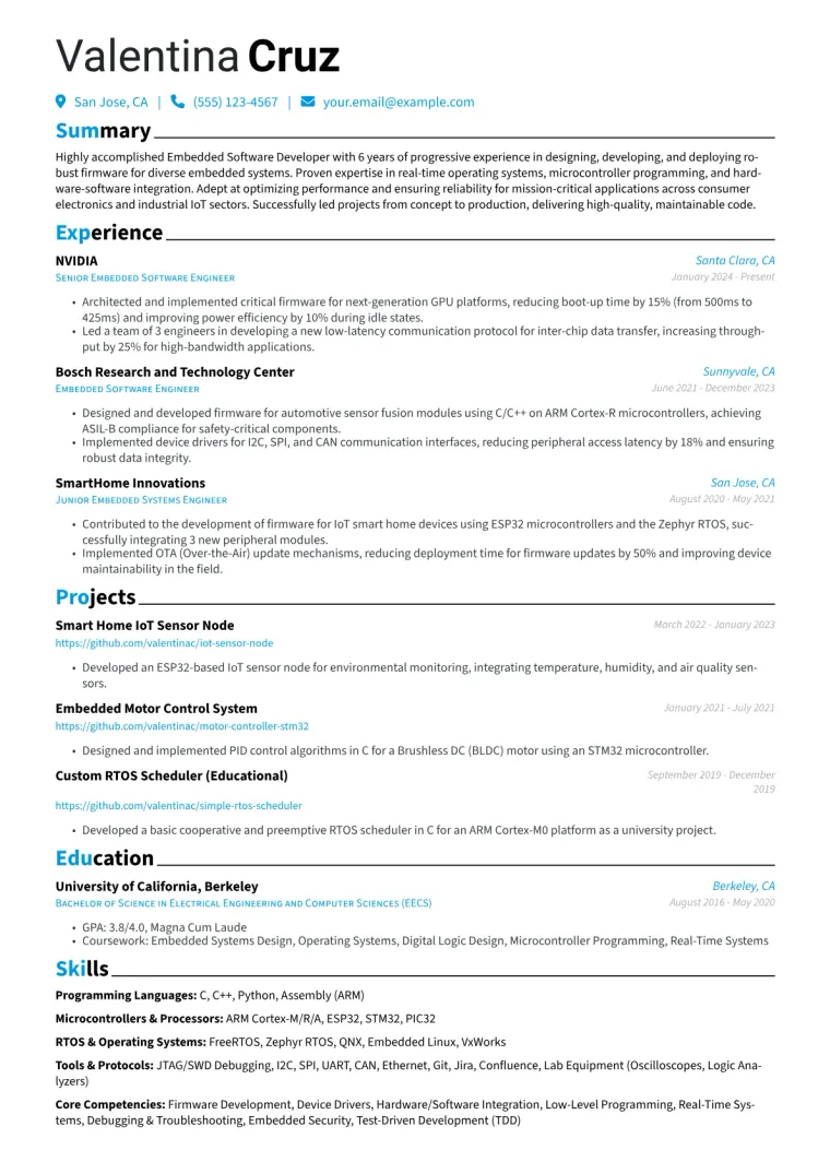 Embedded Software Developer Resume Example CV template preview