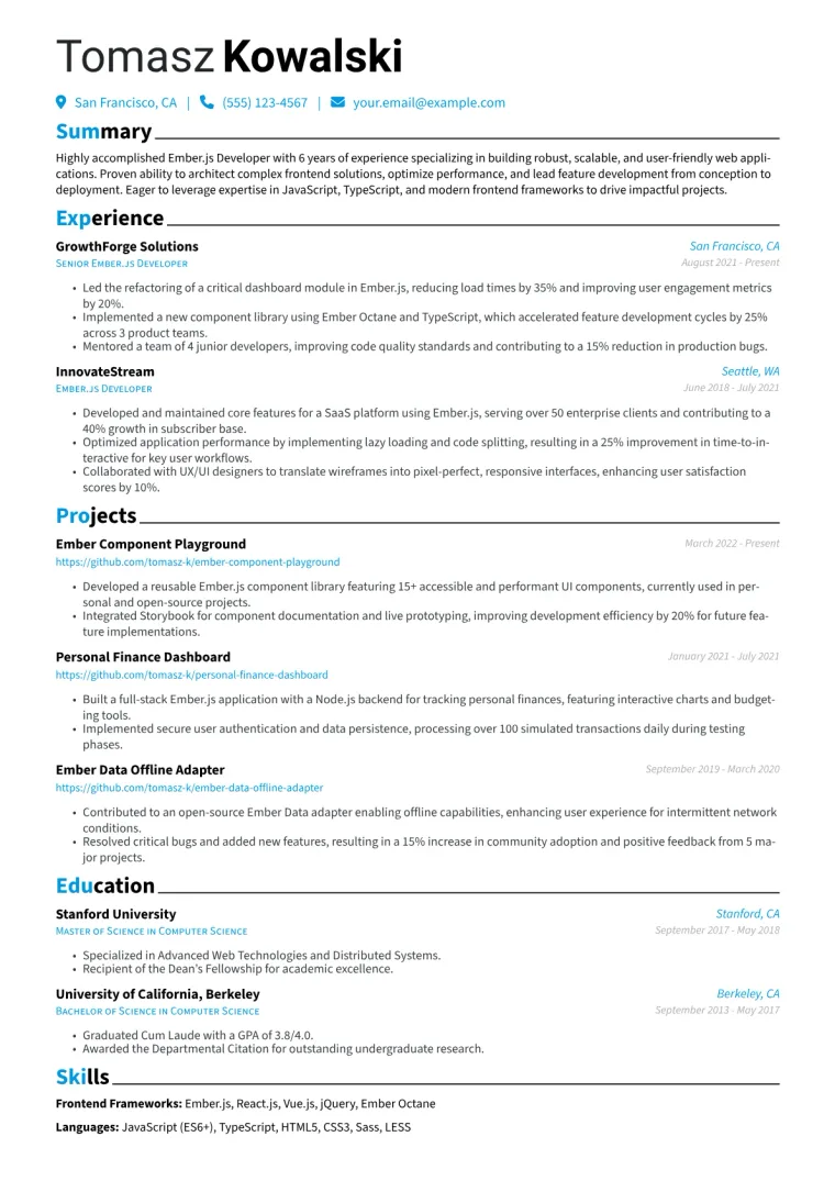 Ember.js Developer Resume Example CV template preview