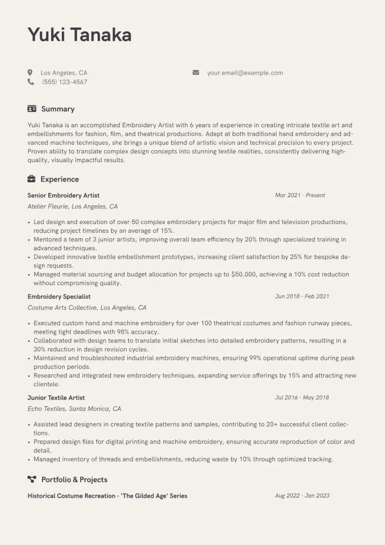 Embroidery Artist Resume Example CV template preview